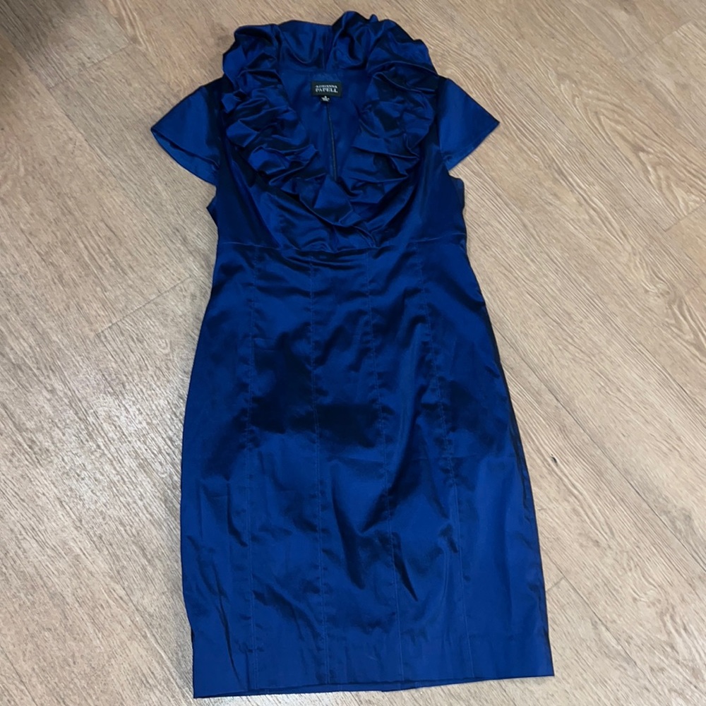 Adrianna Papell shiny blue v-neck cocktail dress with ruffled collar